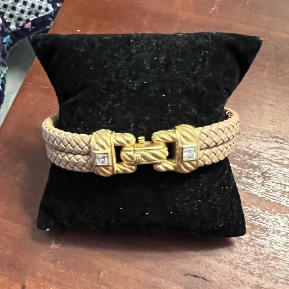 Judith Ripka Tan Double Rope Leather Bracelet 925 Gold Over Clasp EUC 8" #523 - Picture 7 of 8
